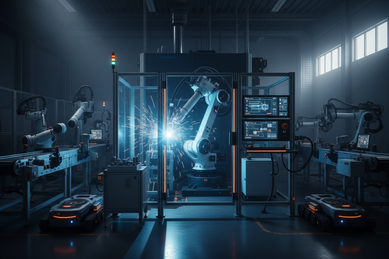Automated robotic arms perform precision welding inside a brightly lit manufacturing facility.